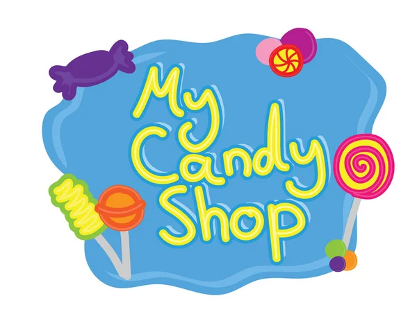 Banner dibujado a mano de la tienda de caramelos. Mi tienda de dulces texto sobre fondo azul — Vector de stock