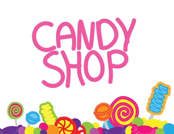 Banner dibujado a mano de la tienda de dulces. fondo de caramelo y texto — Vector de stock