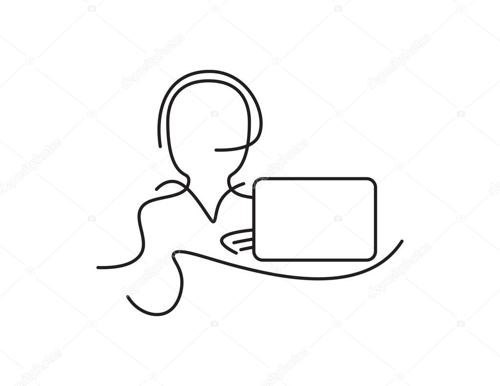 Line Art Man with Headset and Laptop