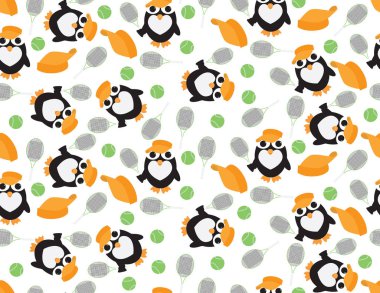 Penguen, tenis raketi, tenis topu ve turuncu vizörsüz desen.