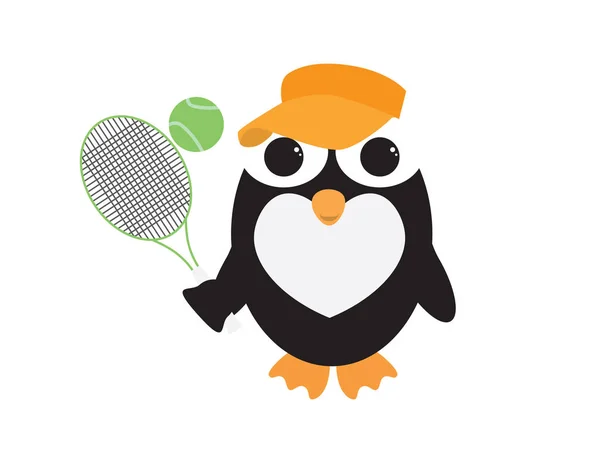 Netter Pinguin mit orangefarbenem Visier beim Tennisspielen — Stockvektor