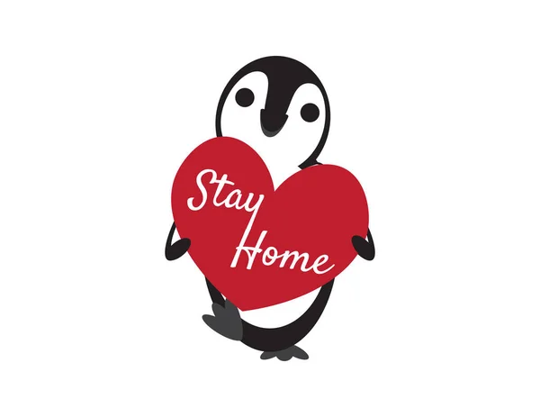 Leuke Cartoon Pinguïn Holding Red Heart Shape Teken Met Stay — Stockvector