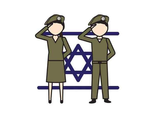Two Soldiers Salutes Israeli Flag Background — Stock Vector