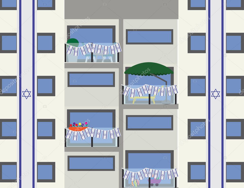Vector Building Illustration Decorated with Blue White Israeli Flags