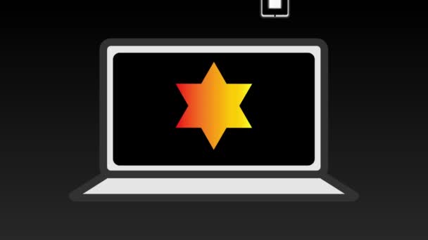 アニメホロコーストオンライン記念式典バナー ノートパソコンの黄色のユダヤ人スターと黒の背景に6つの記念キャンドル — ストック動画