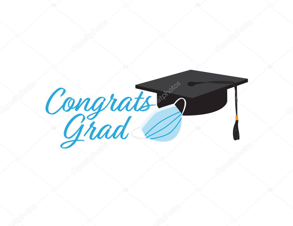 Black Graduation Cap, Light Blue Face Mask and Text Congrats Grad on White Background