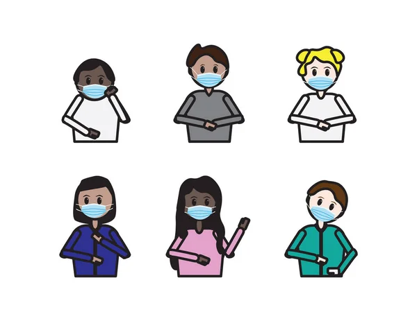 白色背景下的一组戴着外科口罩的卡通人物 — 图库矢量图片