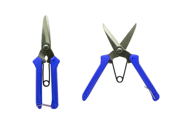 Zinc cutting scissors with blue handle plastics. — Stock Photo, Image