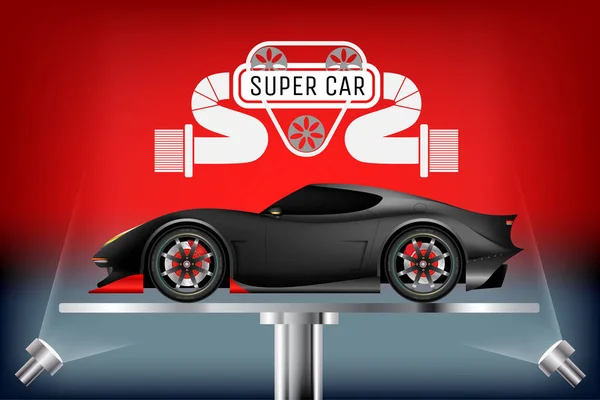 超現実的なデザイン コンセプト スポーツ車豪華なマットの黒い色が赤と灰色の背景に分離されました ベクトル イラスト デザイン Eps10 — ストックベクタ