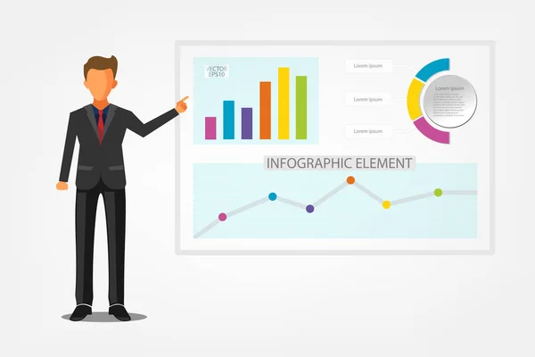 Hombre Negocios Haciendo Una Presentación Con Infografía Diagrama Estadística Gráficos — Vector de stock