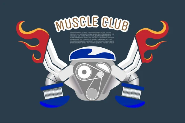 Motor Logotipo Carro Retro Muscular Isolado Fundo Azul Desenho Ilustração —  Vetores de Stock