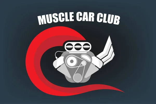 Motor Logotipo Carro Retro Muscular Isolado Fundo Azul Desenho Ilustração —  Vetores de Stock