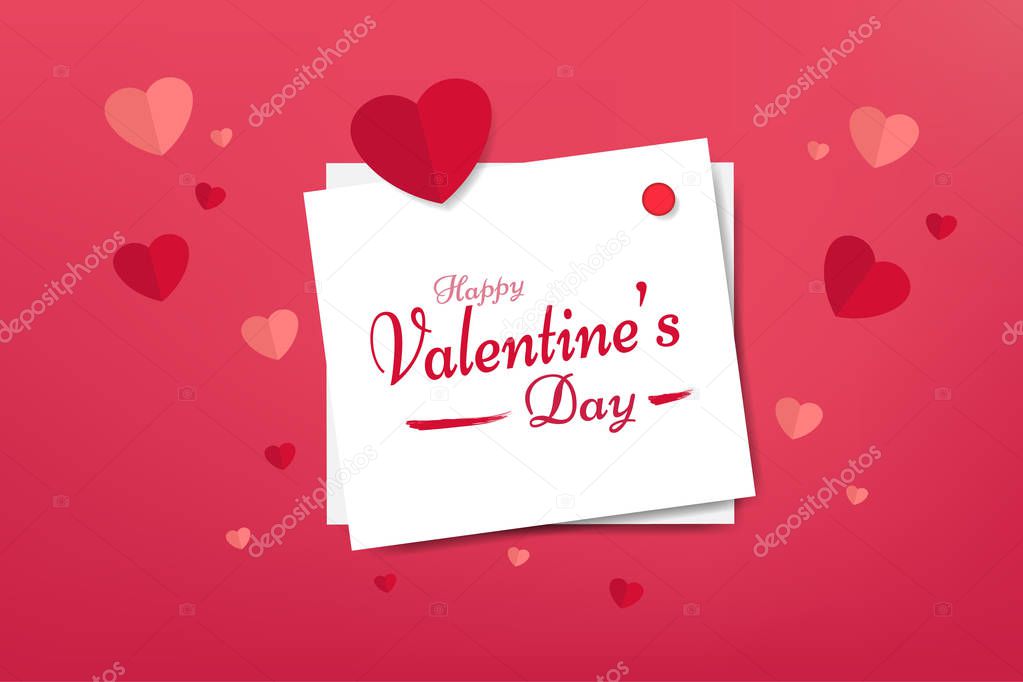 Happy valentines day concept, Sticky note with text decoration and a paper heart on sweet pink color background. Vector illustration design. EPS10