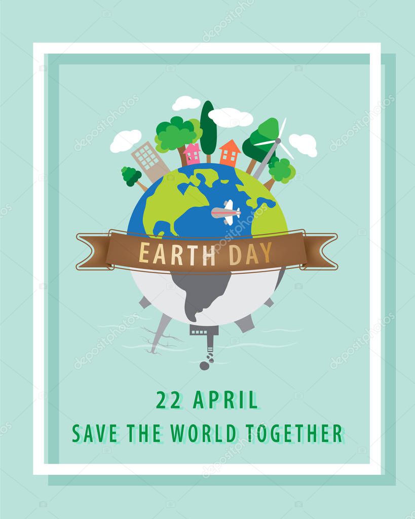Earth day concept,22 April,The globe and brown ribbon with a white square border on a blue background.