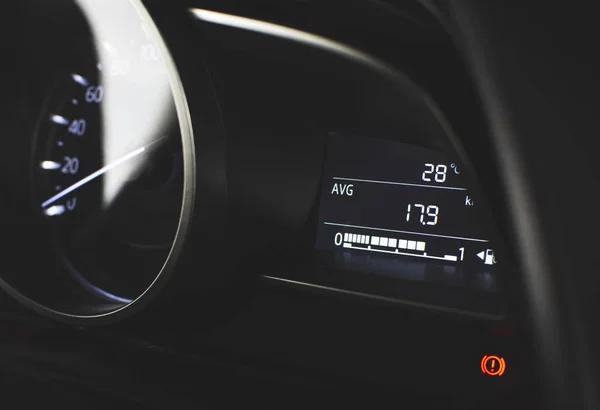 Fuel meter digital gauge and fuel average mileage range meter and handbrake warning ligh. — Stock Photo, Image