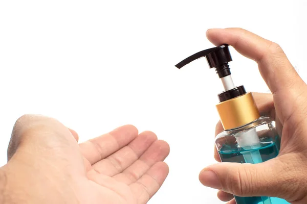 Gel Álcool Desinfetante Homens Detém Garrafa Para Mão Limpeza Usado — Fotografia de Stock