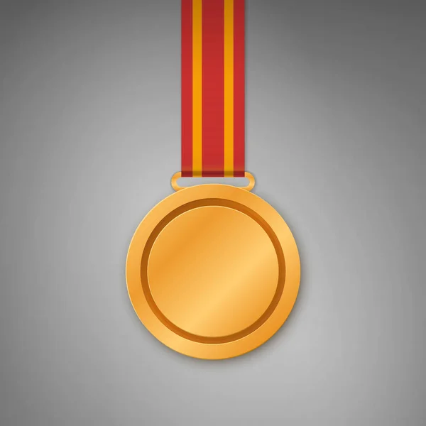 Golden medal hanging on red ribbon — Stock Vector