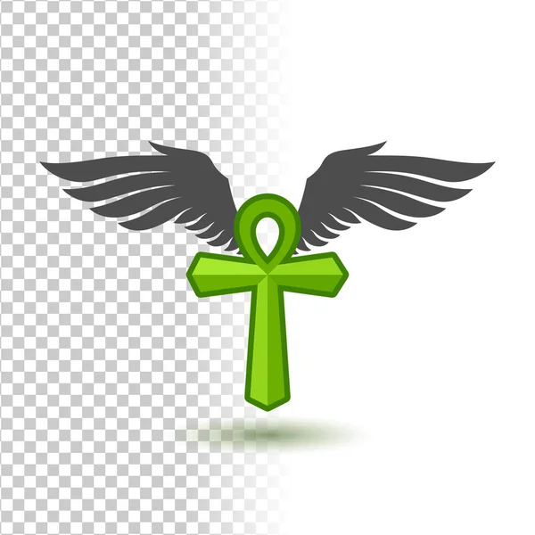 Green cross decorated with angel wings — Stock Vector