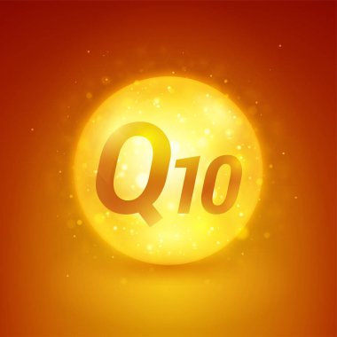 Koenzim Q10. Altın parlayan hap simgesi.