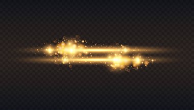 Altın kızdırma parçacıklar bokeh. Glitter etkisi. Sparkles ile patlama. Yarı saydam özel ışık efekti. Siyah arka plan. Dijital eleman. Vektör çekimde bulanıklık. Yatay yıldız patlaması ışınları.