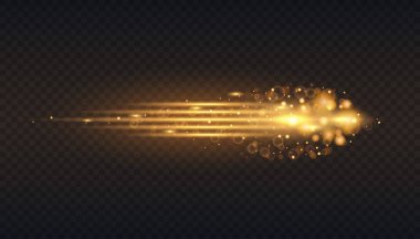 Altın kızdırma parçacıklar bokeh. Glitter etkisi. Sparkles ile patlama. Yarı saydam özel ışık efekti. Siyah arka plan. Dijital eleman. Vektör çekimde bulanıklık. Yatay yıldız patlaması ışınları.