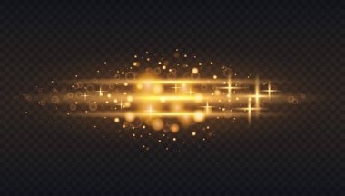 Altın kızdırma parçacıklar bokeh. Glitter etkisi. Sparkles ile patlama. Yarı saydam özel ışık efekti. Siyah arka plan. Dijital eleman. Vektör çekimde bulanıklık. Yatay yıldız patlaması ışınları.