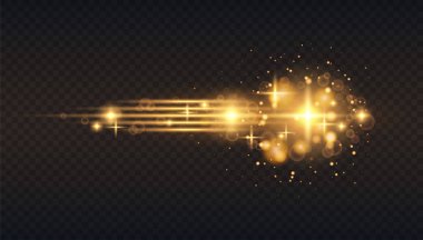 Altın kızdırma parçacıklar bokeh. Glitter etkisi. Sparkles ile patlama. Yarı saydam özel ışık efekti. Siyah arka plan. Dijital eleman. Vektör çekimde bulanıklık. Yatay yıldız patlaması ışınları.