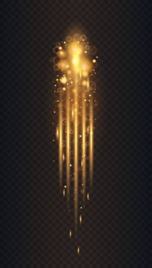 Altın kızdırma parçacıklar bokeh. Glitter etkisi. Sparkles ile patlama. Yarı saydam özel ışık efekti. Siyah arka plan. Dijital eleman. Vektör çekimde bulanıklık. Dikey yıldız patlaması ışınları.