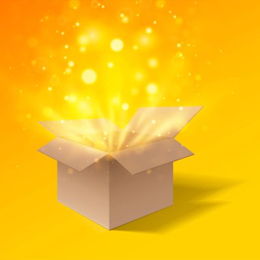 Açık hediye kutusu bokeh patlama etkisi ile. Yan görünümü. Karton kutu. Turuncu bir arka plan üzerinde izole. Vektör çizim.