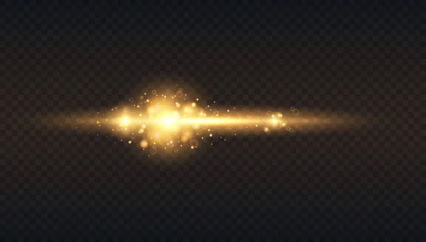 金色辉光粒子散景 闪光效果 爆裂的火花 半透明的特殊光效应 黑色背景 数字元件 矢量模糊在运动中 水平星爆裂射线 — 图库矢量图片