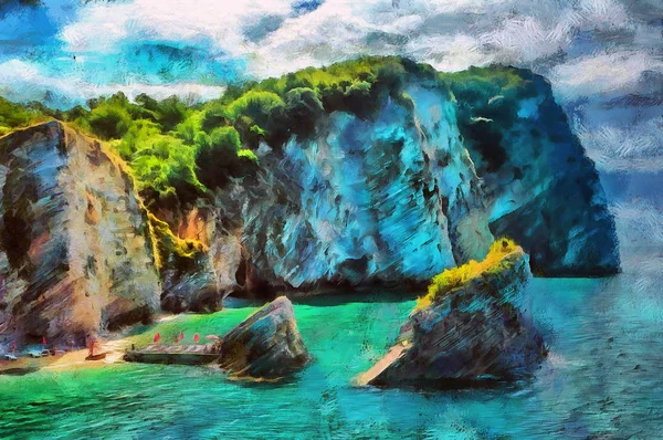 Pintura al óleo de un acantilado en el mar esmeralda — Foto de Stock