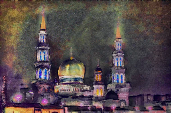 Peinture à l'huile temple islamique après le coucher du soleil dans la ville — Photo