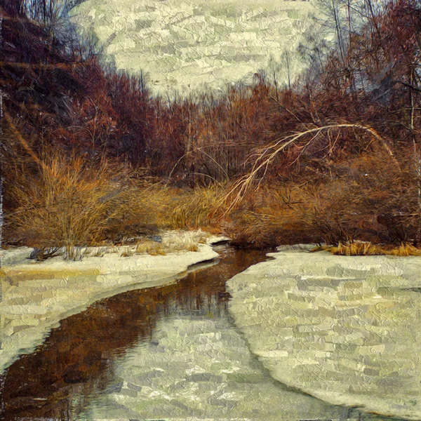 Pinturas al óleo sobre lienzo, paisaje: abedules en el río, primavera —  Fotos de Stock