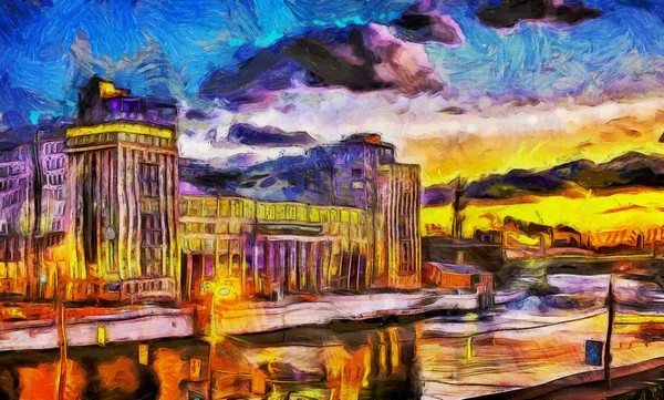 Peinture à l'huile coucher de soleil sur la rivière dans la ville — Photo