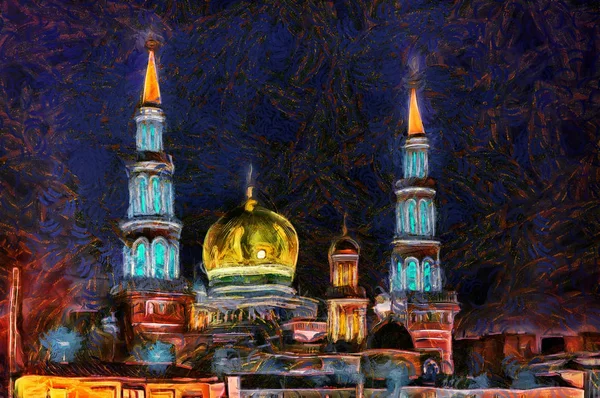 市では、日没後油絵イスラム寺院 — ストック写真