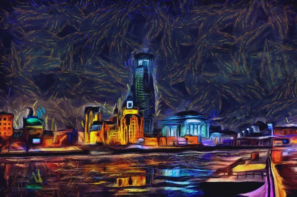 Oil painting cityscape on the river after sunset — Stock Photo, Image