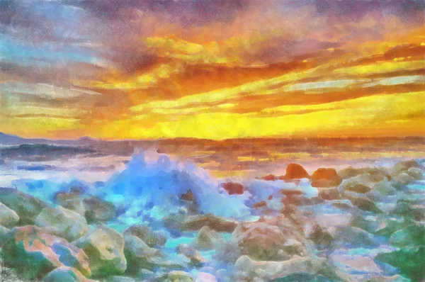 Malerei Aquarell schöner Sonnenuntergang am Meer — Stockfoto