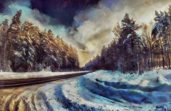 Estrada de pintura a óleo através de uma floresta de inverno — Fotografia de Stock