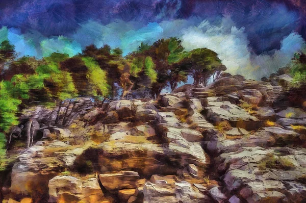 Pintura a óleo floresta verde nas rochas — Fotografia de Stock