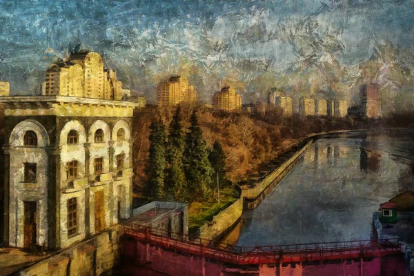 Peinture à l'huile. La vue sur la rivière dans la ville — Photo