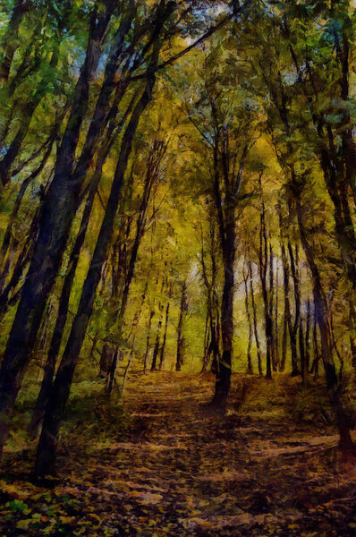 Oil painting. Autumn road through the Park.