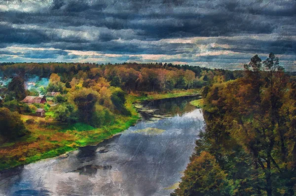 Ölmalerei. der Blick auf den Fluss — Stockfoto