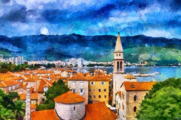 Oil painting beautiful sea views in the coastal town — Stock Photo, Image