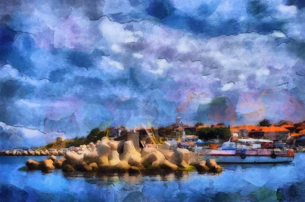 Олійний живопис красивий вид на море в прибережному місті — стокове фото