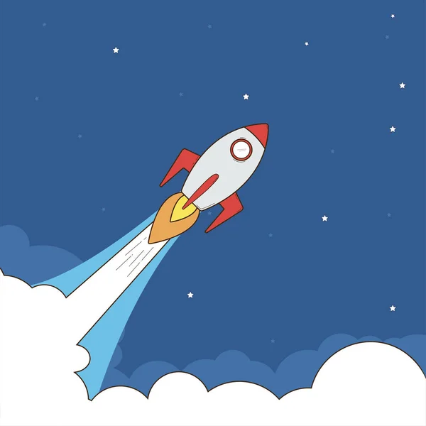 Cohete en el espacio azul. concepto de lanzamiento de negocio puesta en marcha, cohete ilustración . — Vector de stock