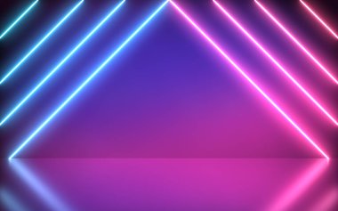 Neon Arkaplan Fütüristik Soyut Mavi ve Pembe Işık Şekilleri üçgen renkli ve yansıtıcı zeminde.