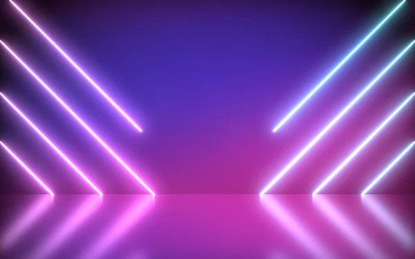 Fondo de neón abstracto azul y rosa con diagonales de línea de formas de luz en el piso colorido y reflectante . —  Fotos de Stock