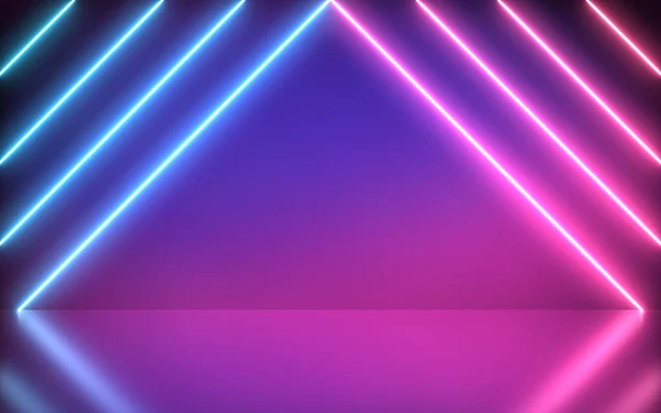 Неоновый фон Футуристический Абстрактный синий и розовый с треугольными светлыми формами на красочном и отражающем полу . — стоковое фото