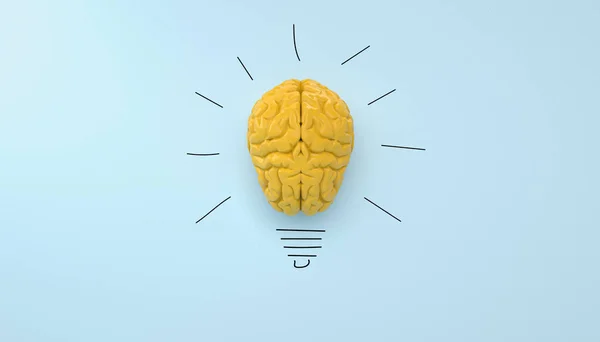 Sarı beyin mavi açık arkaplanda, kavram ampul fikri kalem çizimi ile