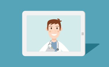 Doktorla birlikte tablet ekranı çevrimiçi. Doktorunla video konferans kumandası. Evden ilaç getirdim. Vektör düz kişi illüstrasyonu.